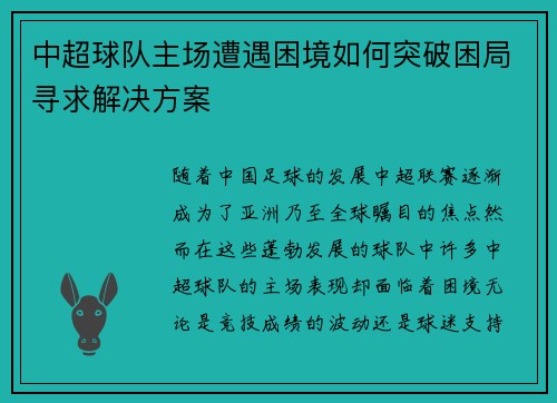 中超球队主场遭遇困境如何突破困局寻求解决方案