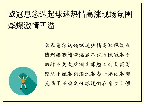 欧冠悬念迭起球迷热情高涨现场氛围燃爆激情四溢