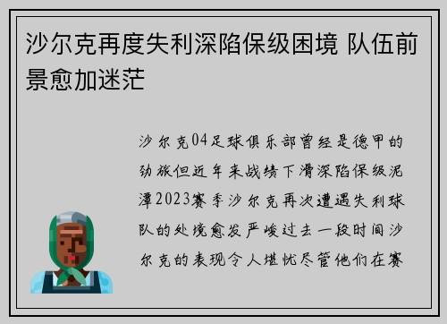 沙尔克再度失利深陷保级困境 队伍前景愈加迷茫