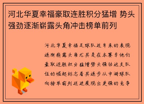 河北华夏幸福豪取连胜积分猛增 势头强劲逐渐崭露头角冲击榜单前列