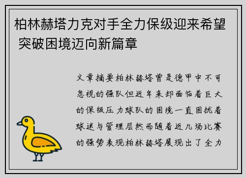 柏林赫塔力克对手全力保级迎来希望 突破困境迈向新篇章